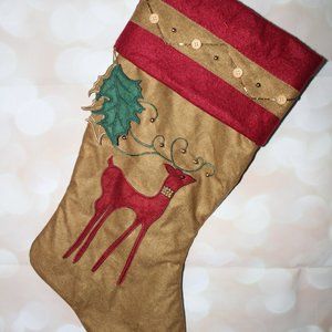 Santa's Best Brown, Burgundy Reindeer With Beads Christmas Stocking 20" X 9.5"